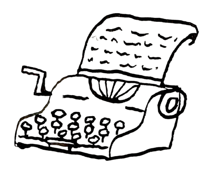 Line drawing of an old-fashioned typewriter with a sheet of paper inserted.