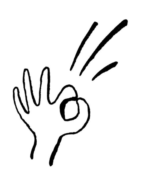 A simple line drawing of a hand making an 'OK' gesture with three lines indicating movement or emphasis.