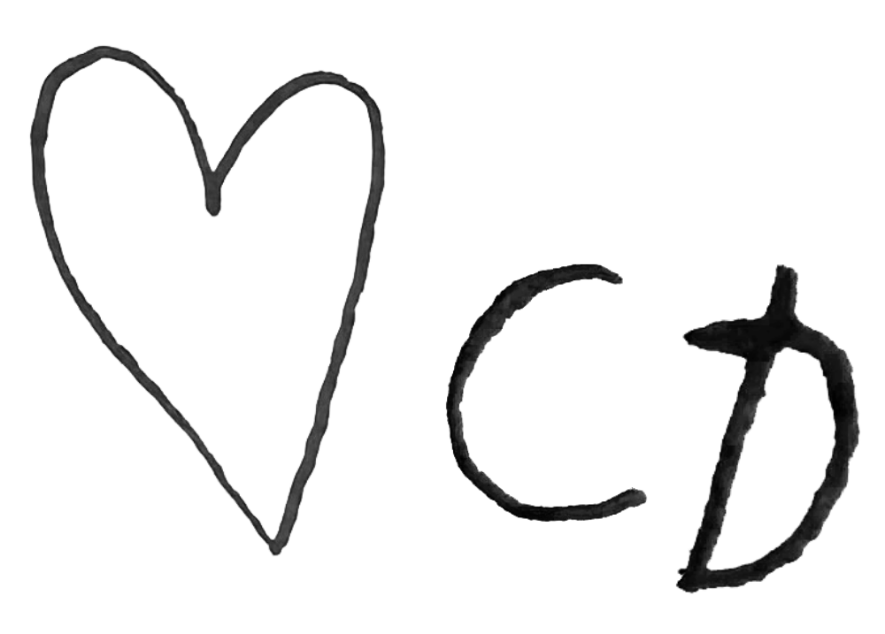 A black and white drawing of a heart with zigzag lines, followed by the letters 'C' and 'D'
