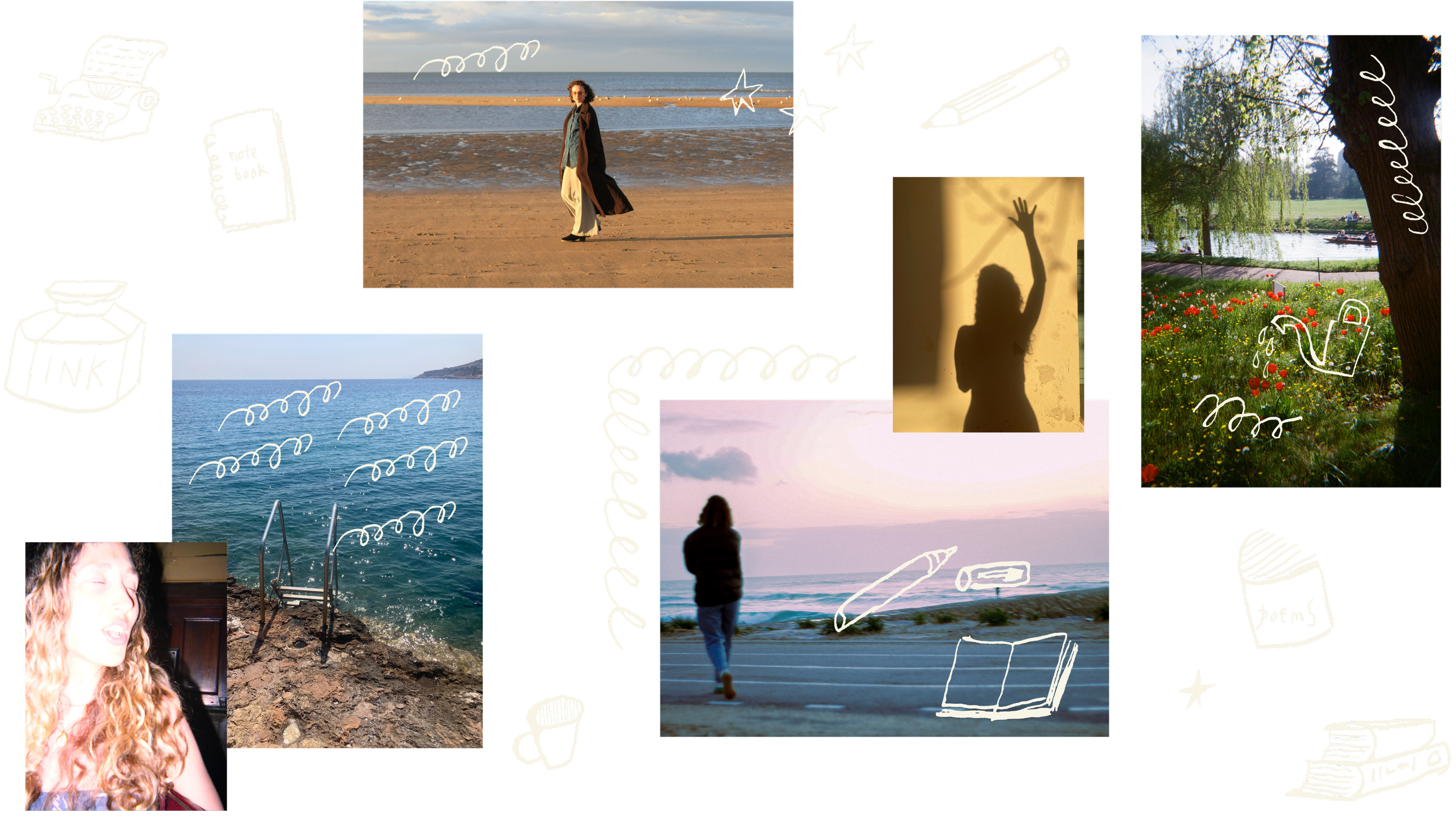 Collage of beach and nature scenes with doodles of books, notebooks, pens, and watering cans, and photos of a woman on the beach, a girl waving, a woman with curly hair.