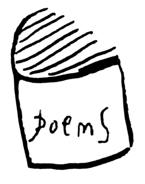 A sketch of a book titled 'Poems' in white lines on a black background.