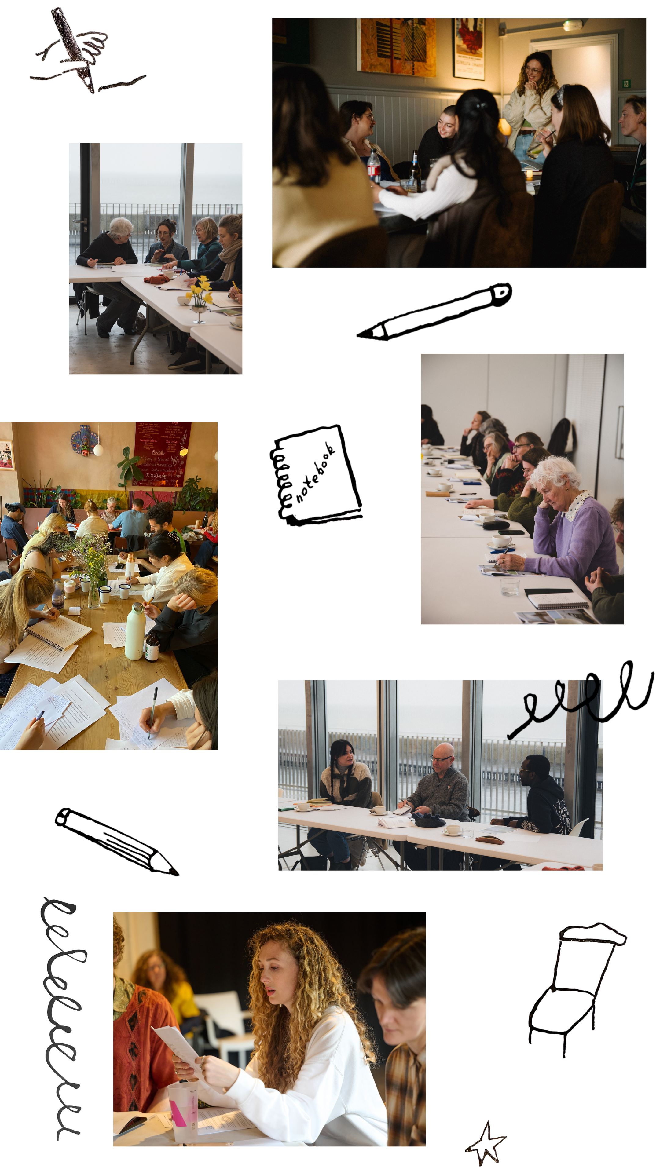 Multiple images of group meetings and seminars, with people seated around tables and engaging in discussions, during daytime indoor settings.