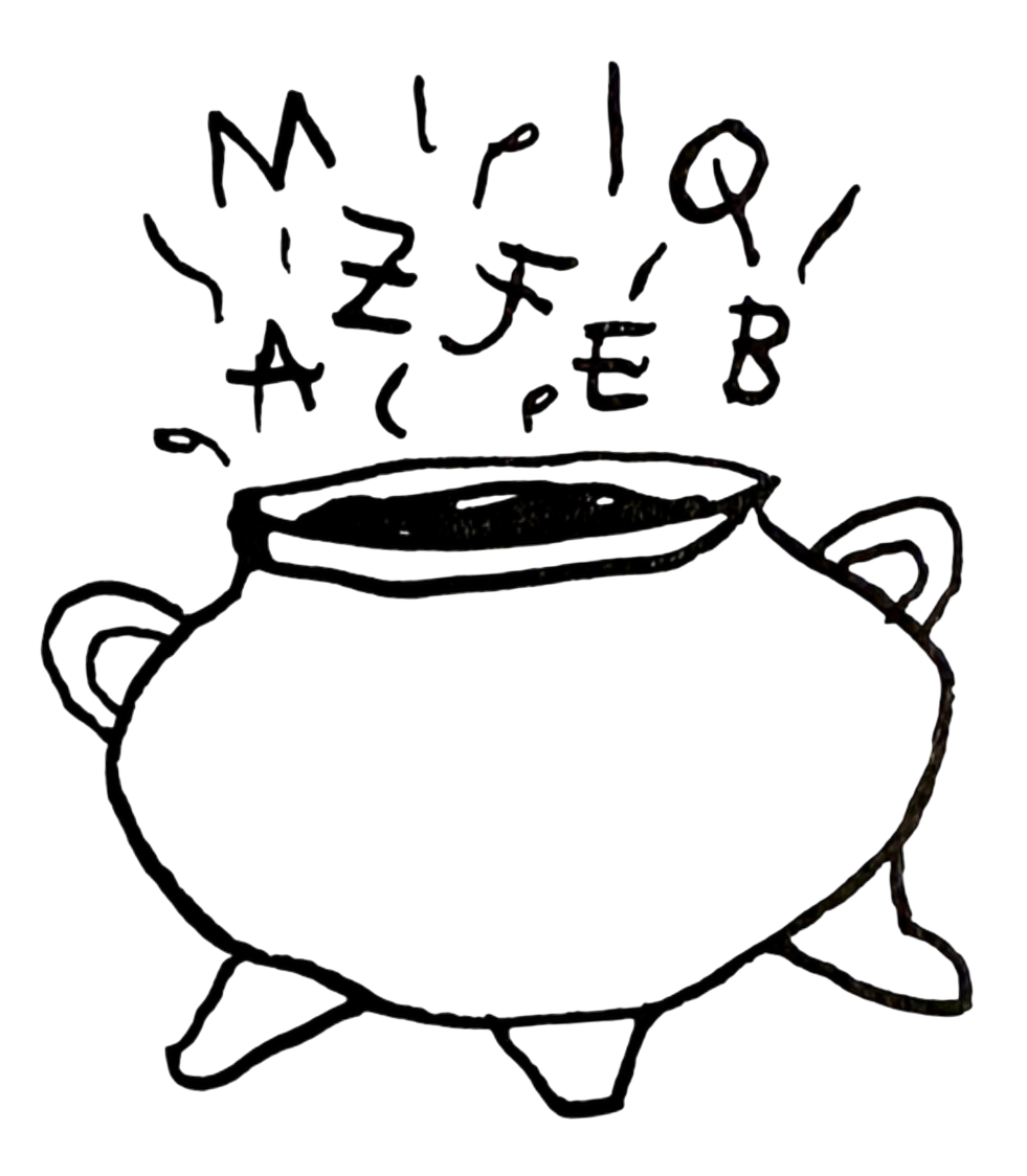 Drawing of a cooking pot with the words 'Merry! Yumz! 4cash!' above it.