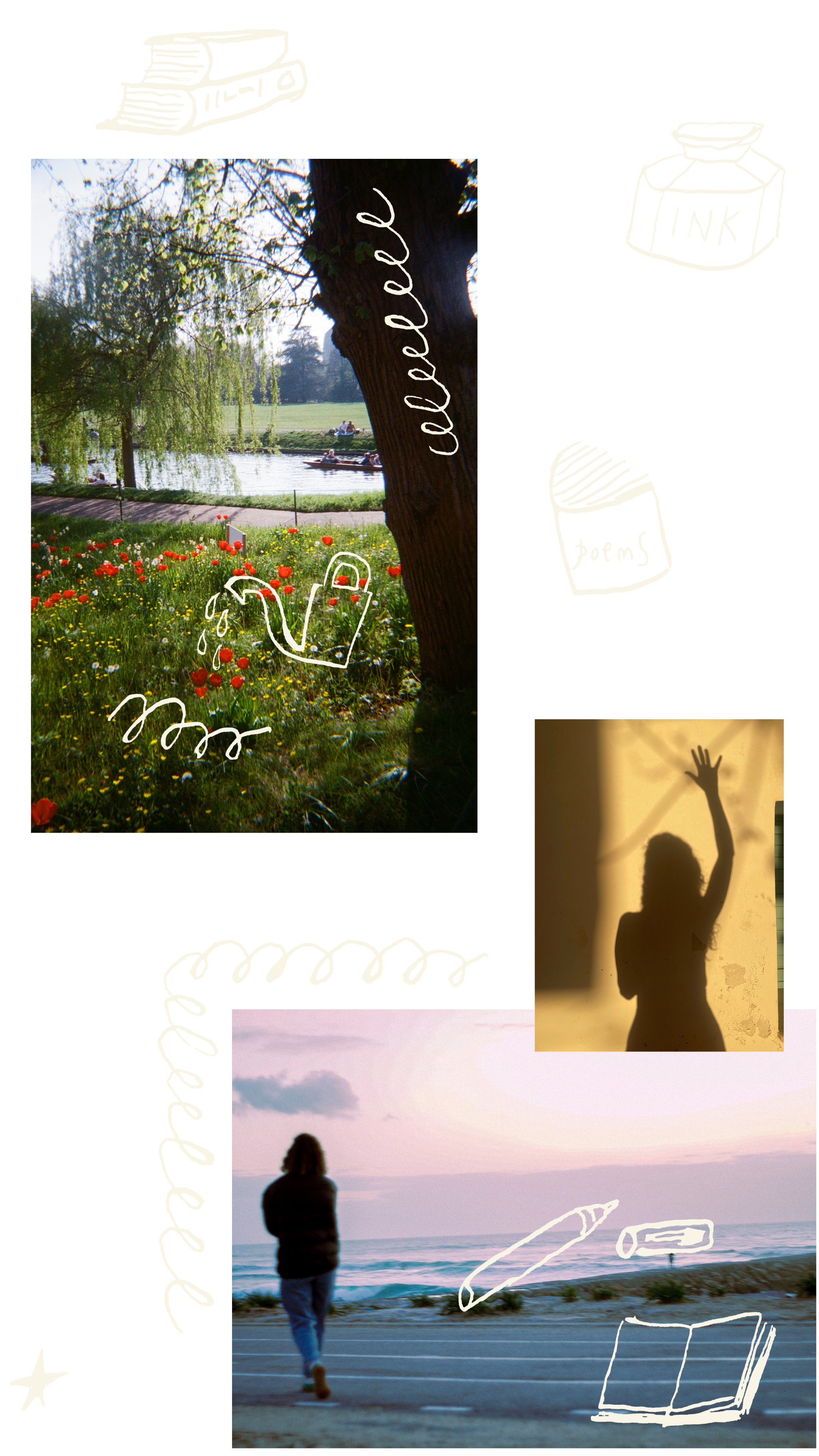 Composite image featuring a park scene with trees, flowers, and a pond with boaters, a silhouette of a woman with her arm raised behind a curtain, a person walking on a beach at sunset, and various white doodles of a watering can, a pencil, and an open book.