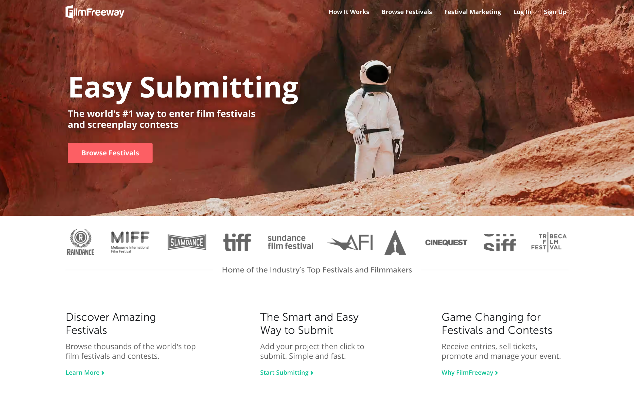 Homepage of FilmFreeway website featuring a person in a spacesuit standing in a rocky, red canyon with navigation links at the top and festival logos below.