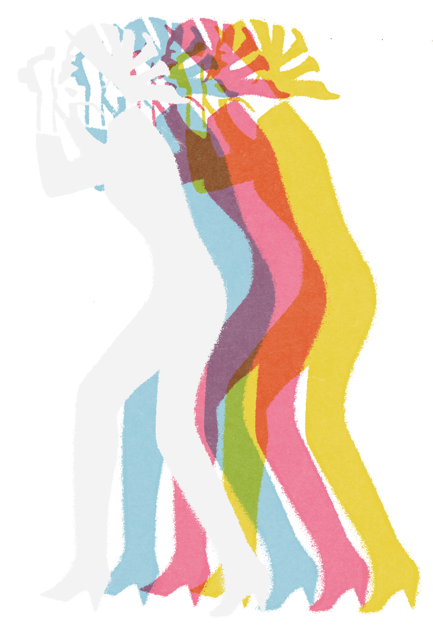 A stylized multi-colored illustration of a woman's profile, with an abstract rainbow-like background.