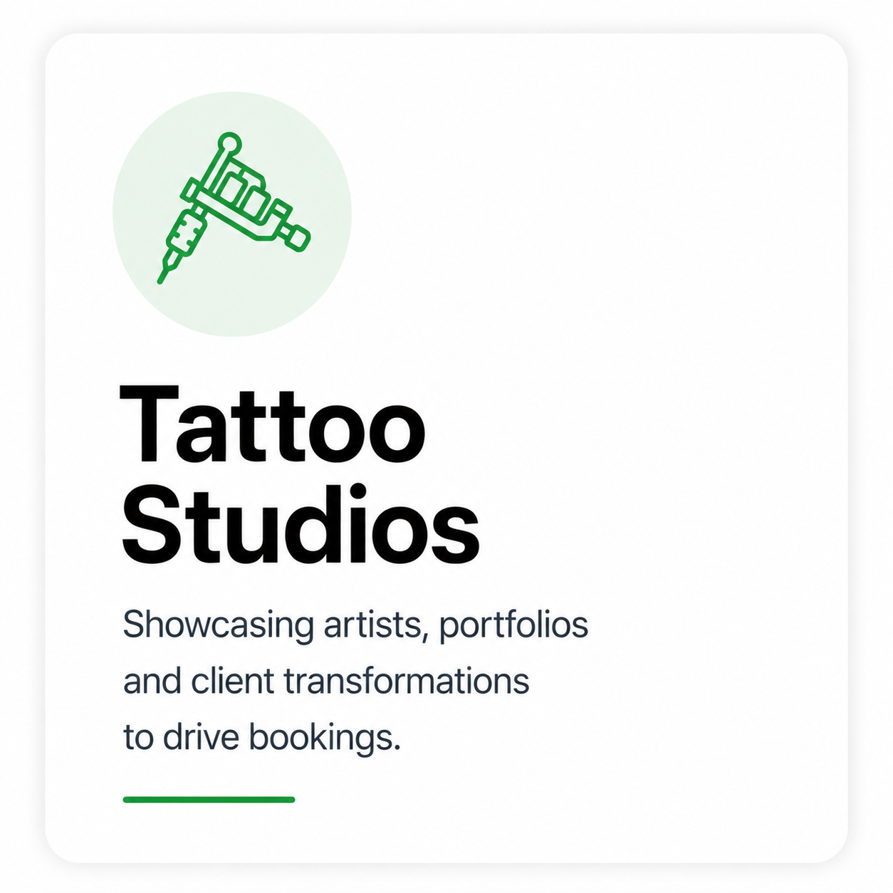 Business card for Tattoo Studios with an icon of a tattoo machine and text describing the studio's services.