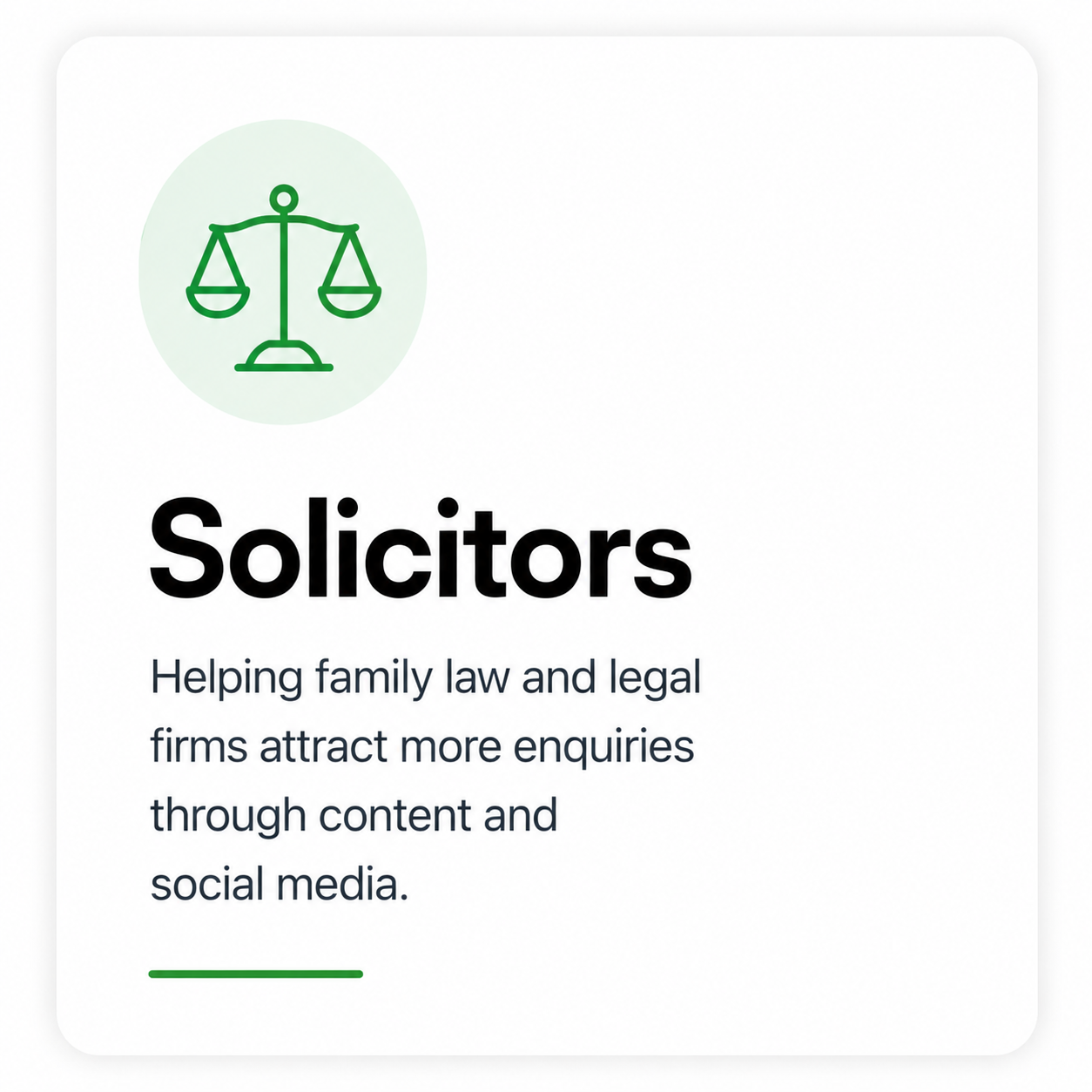 A digital graphic promoting legal services for family lawyers and legal firms, featuring a green scale icon and text about attracting inquiries through content and social media.