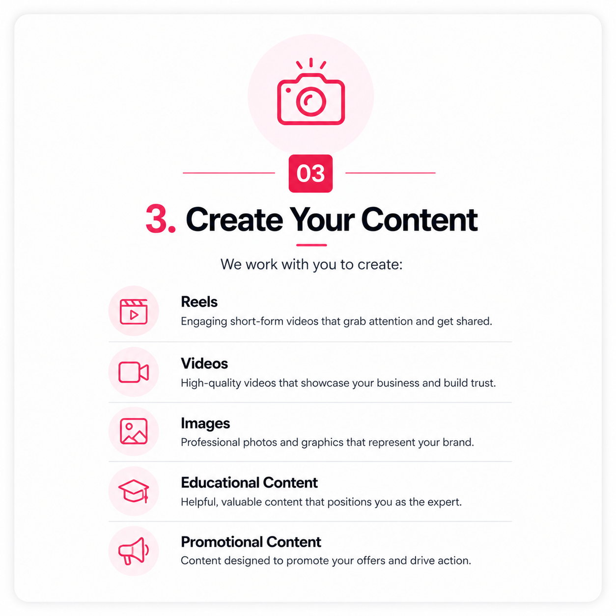 Step 3 of a content creation guide titled 'Create Your Content' with icons representing different types of content such as reels, videos, images, educational content, and promotional content, each with a brief description.