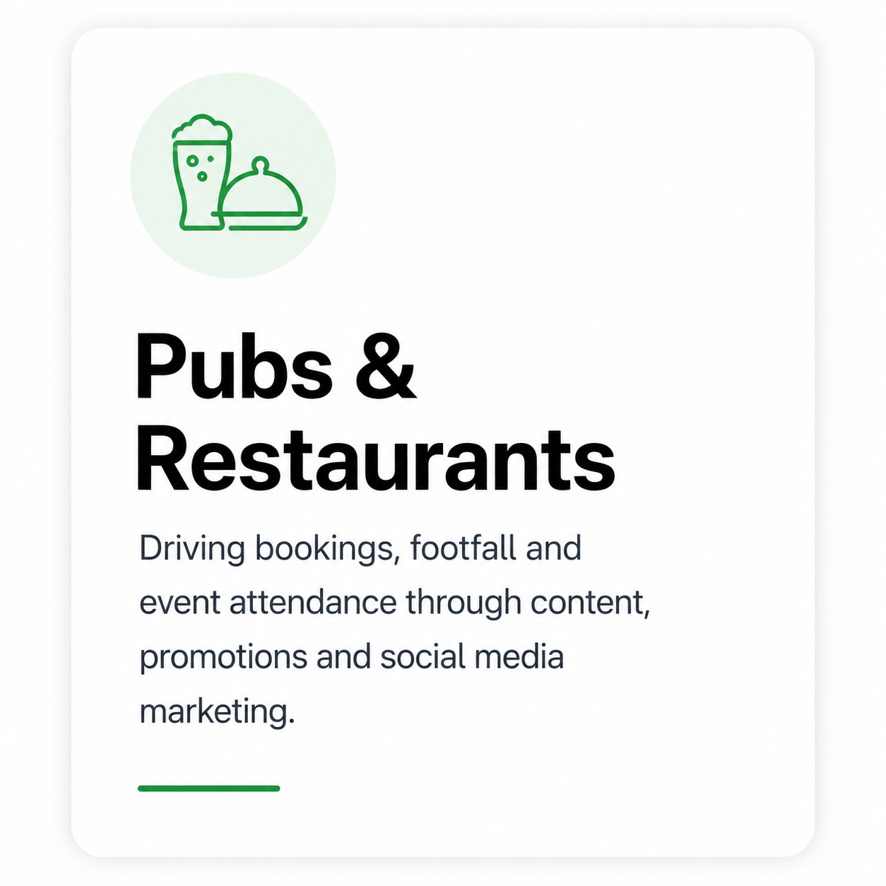 Digital graphic promoting pubs and restaurants with an icon of a beer glass and a plate, and text about driving bookings, footfall, and social media marketing.
