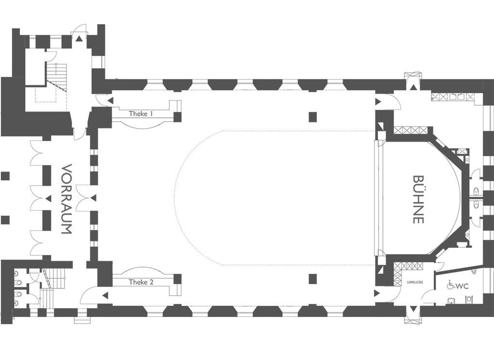 Grundriss eines Theaters mit Bühnenbereich, Zuschauerraum, Waage, Technikräumen und Eingängen.