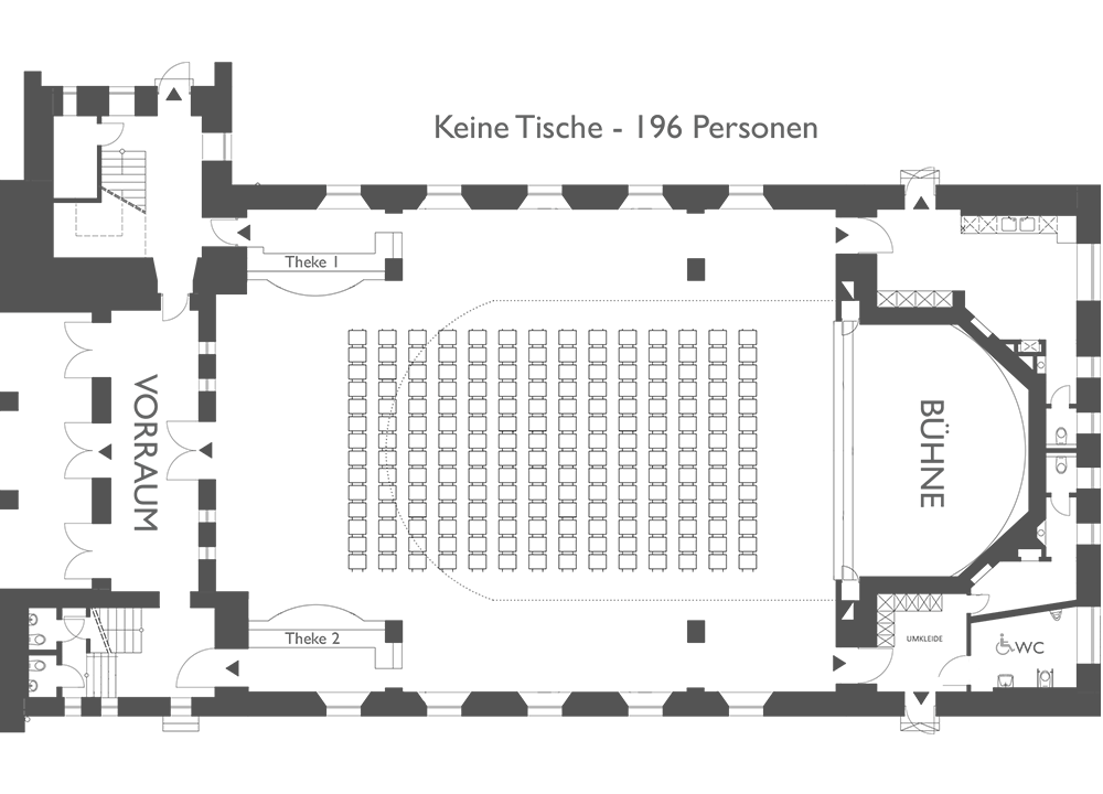 Grundriss einer Halle mit Bühne, Zuschauerbestuhlung, Eingängen, Vorraum und Toiletten. Die Halle ist für 196 Personen ausgelegt, keine Tische vorhanden.