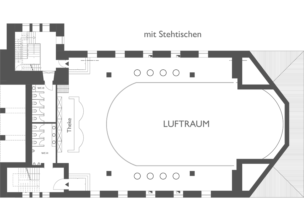 Grundrissplan eines Veranstaltungsraums mit der Bezeichnung 'LUFTRAUM', inklusive Bühne ('Bühne'), Sitzplätzen und weiteren Räumen.
