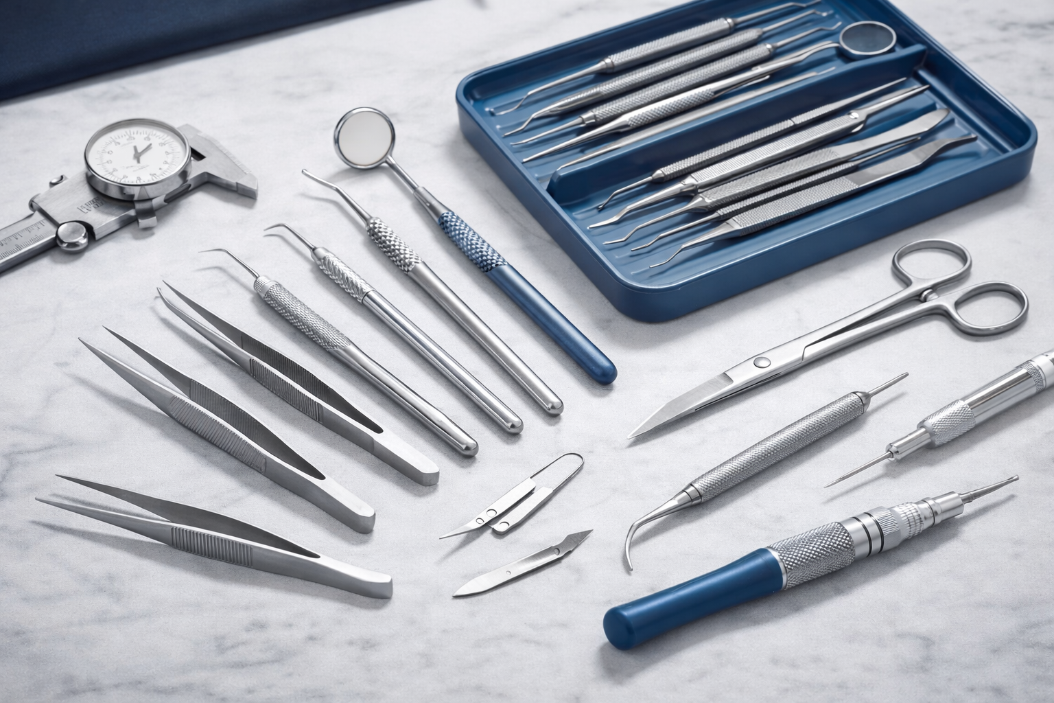 Set of dental tools including dental probes, forceps, scissors, and a dental mirror, arranged on a white surface, with a blue dental instrument tray and a dial gauge.