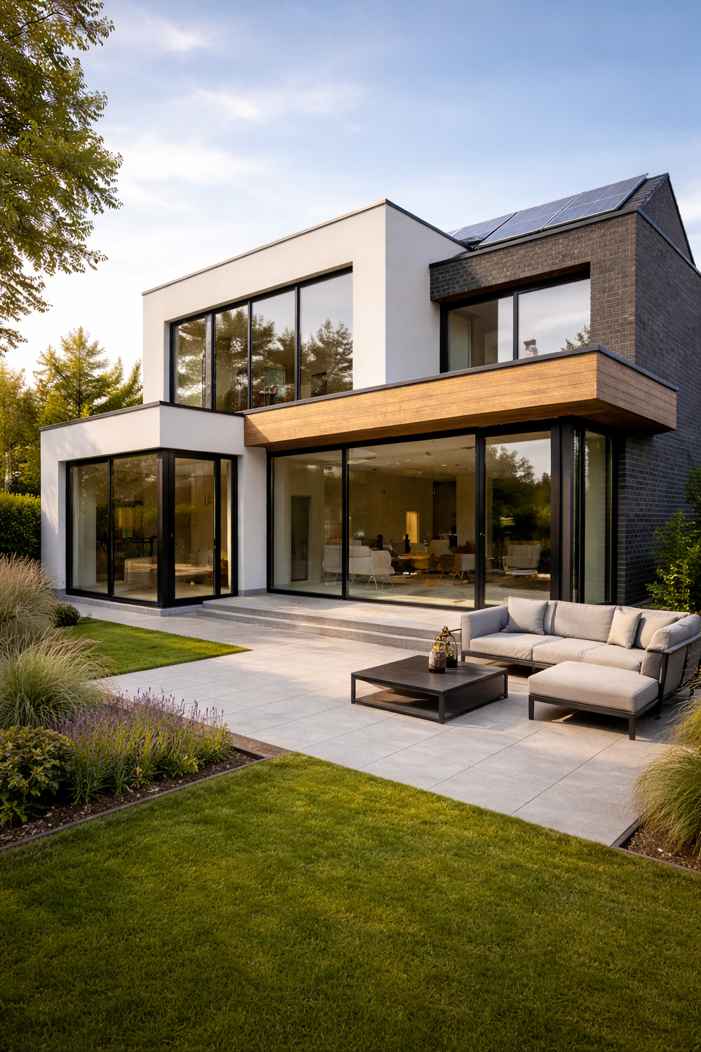 renovatieproject naar Moderne nieuwbouwwoning met strakke gevel, grote aluminium ramen en zonnepanelen, gerealiseerd met gespecialiseerde aannemers via bouwbegeleiding van SOMA Projects.