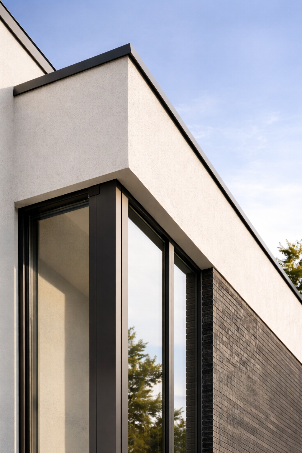 Moderne gevelafwerking met baksteen en pleisterwerk bij woning – gevelwerken via SOMA Projects.