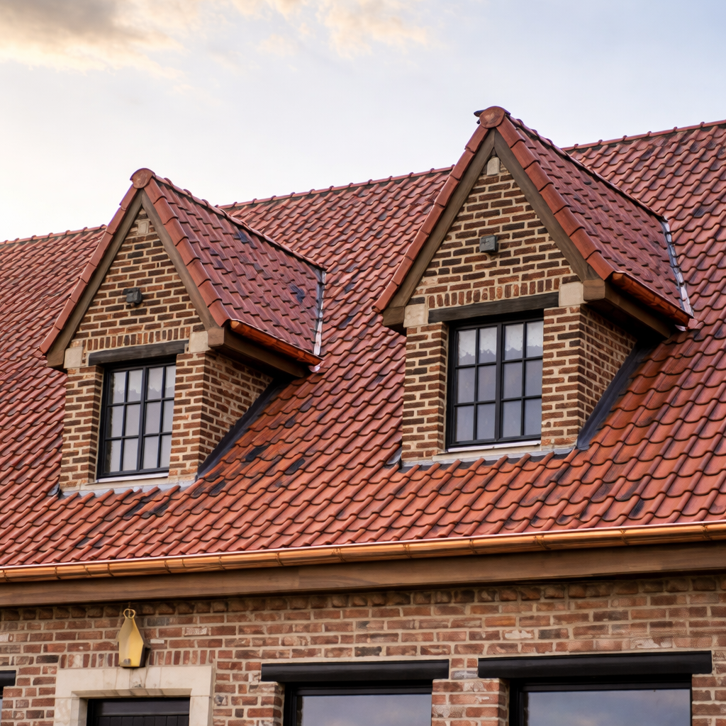 Dakwerken met dakpannen op Belgische woning – gespecialiseerde dakwerkers via SOMA Projects.