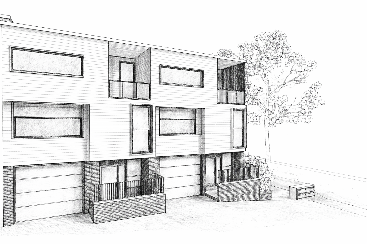A detailed architectural sketch of a modern multi-story residential building with large windows, small balconies, brick accents, and a tree on the right side.