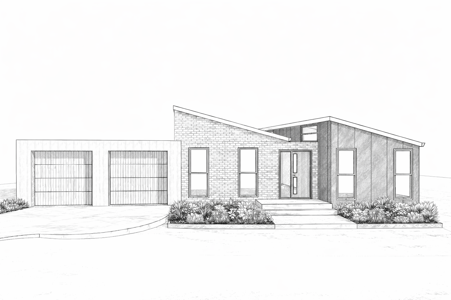 Line drawing of a modern house with skillion roof, front landscaping, and double garage, featuring large windows and a front door with steps.
