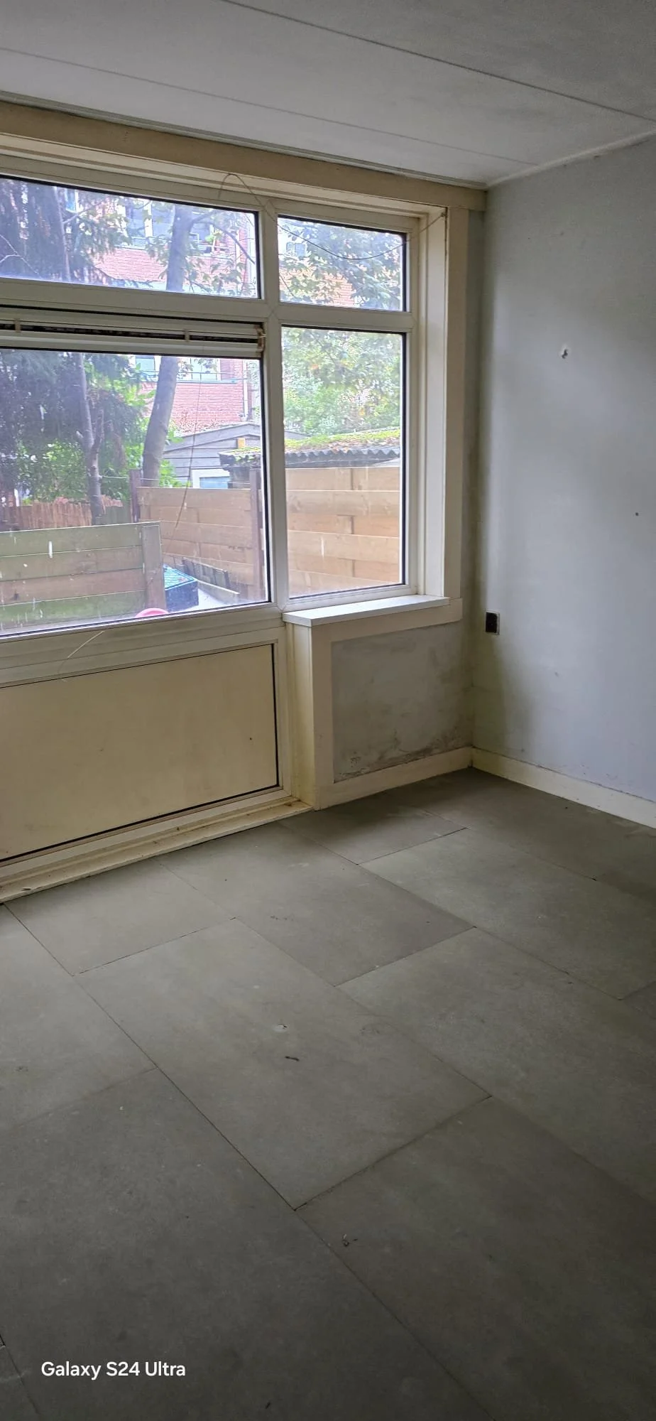 Leeg kamertje met grote ramen, zicht op tuin met bomen en houten schutting, zolder of kelder met verharde vloer, muren en plafond en een elektrische aansluiting.