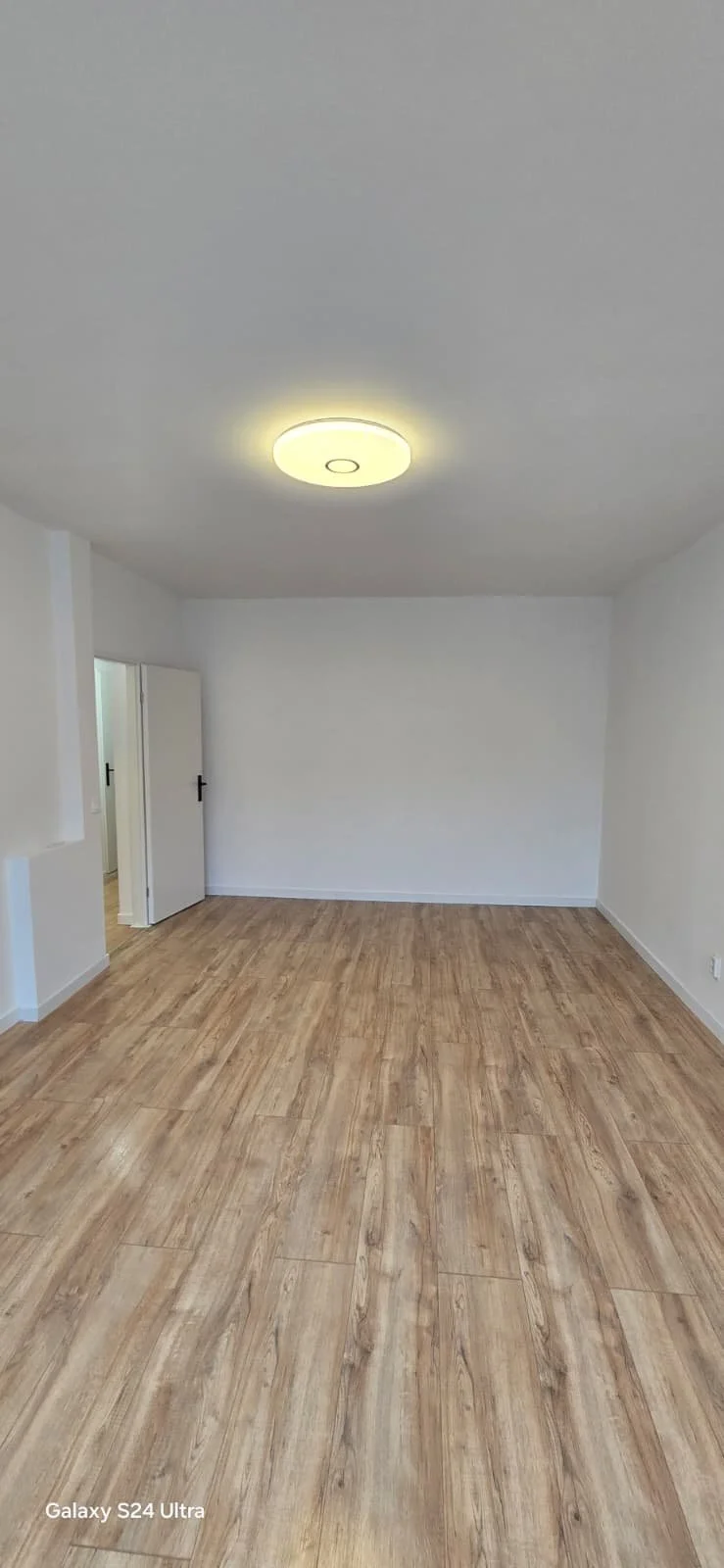 Leeg wit kamertje met houten vloer, wit plafond en witte muren, een plafondlamp en twee deuren