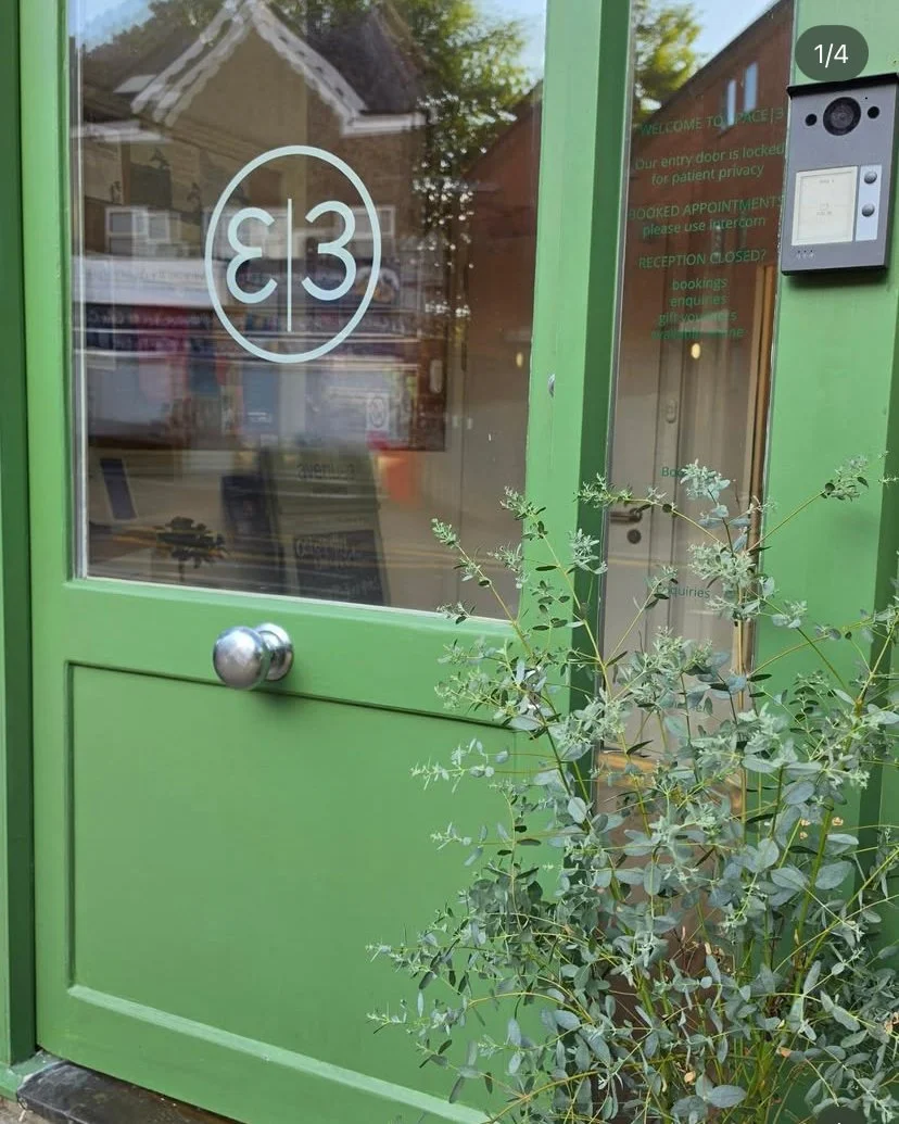 Green door with a window displaying the number 3, a silver doorknob, and an intercom system mounted on the side. A plant with green leaves is growing in front of the door.
