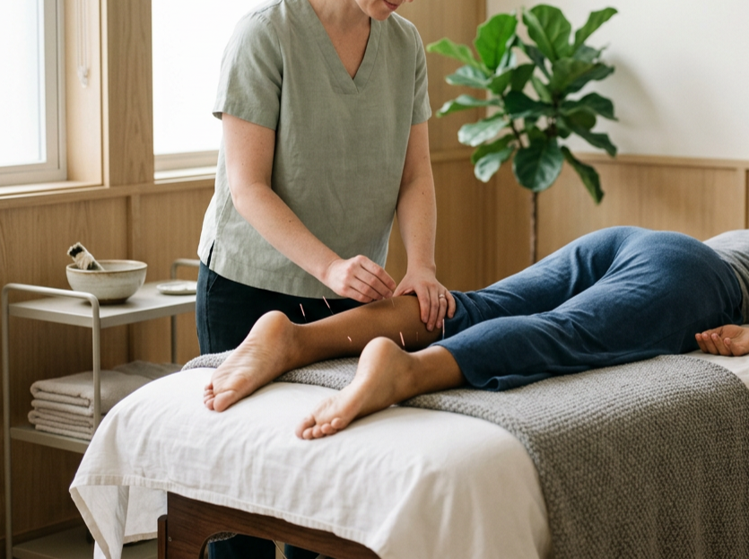 A therapist performing acupuncture on a patient's legs in a treatment room with natural lighting and indoor plant.