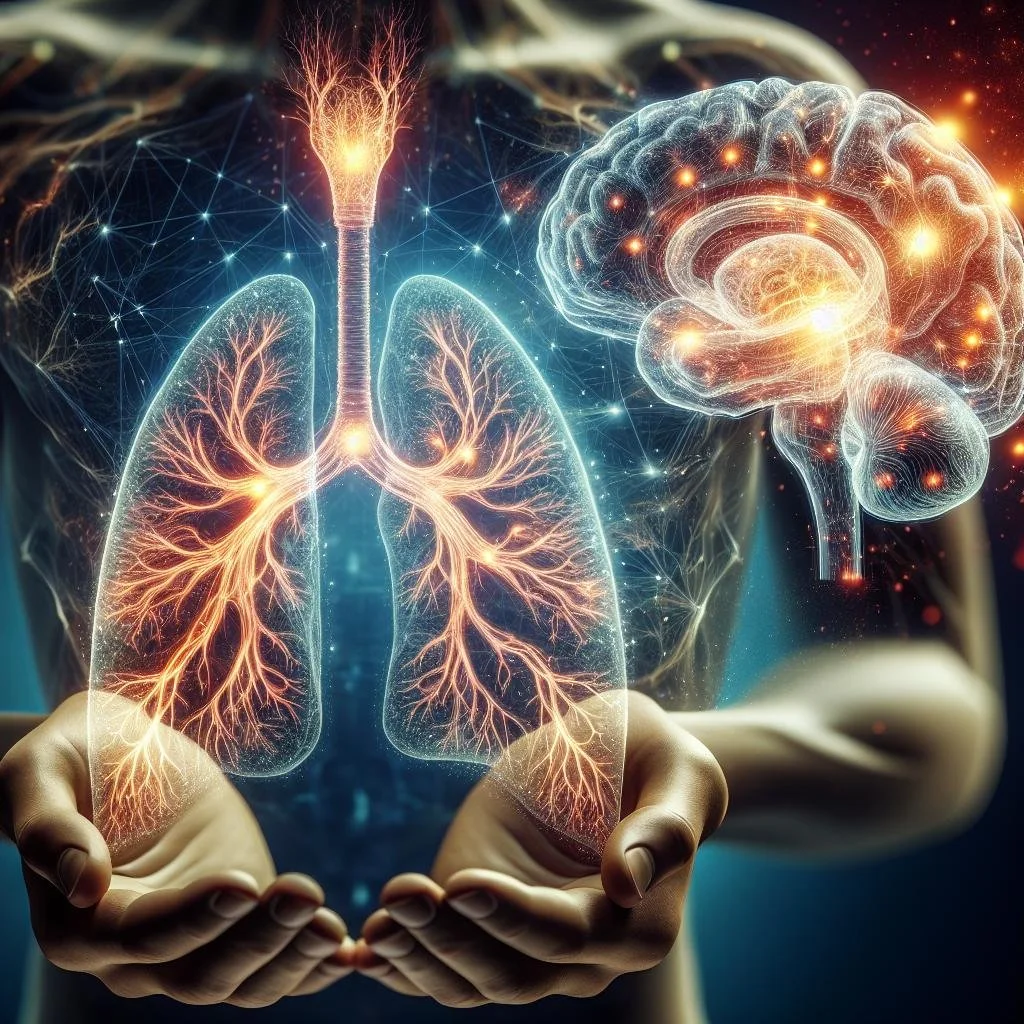 Digital illustration of human lungs and brain with neural connections and glowing pathways, representing respiratory and neurological functions.