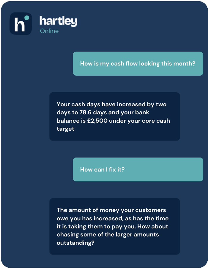 hartley chat interface showing a business owner asking about cash flow and margins