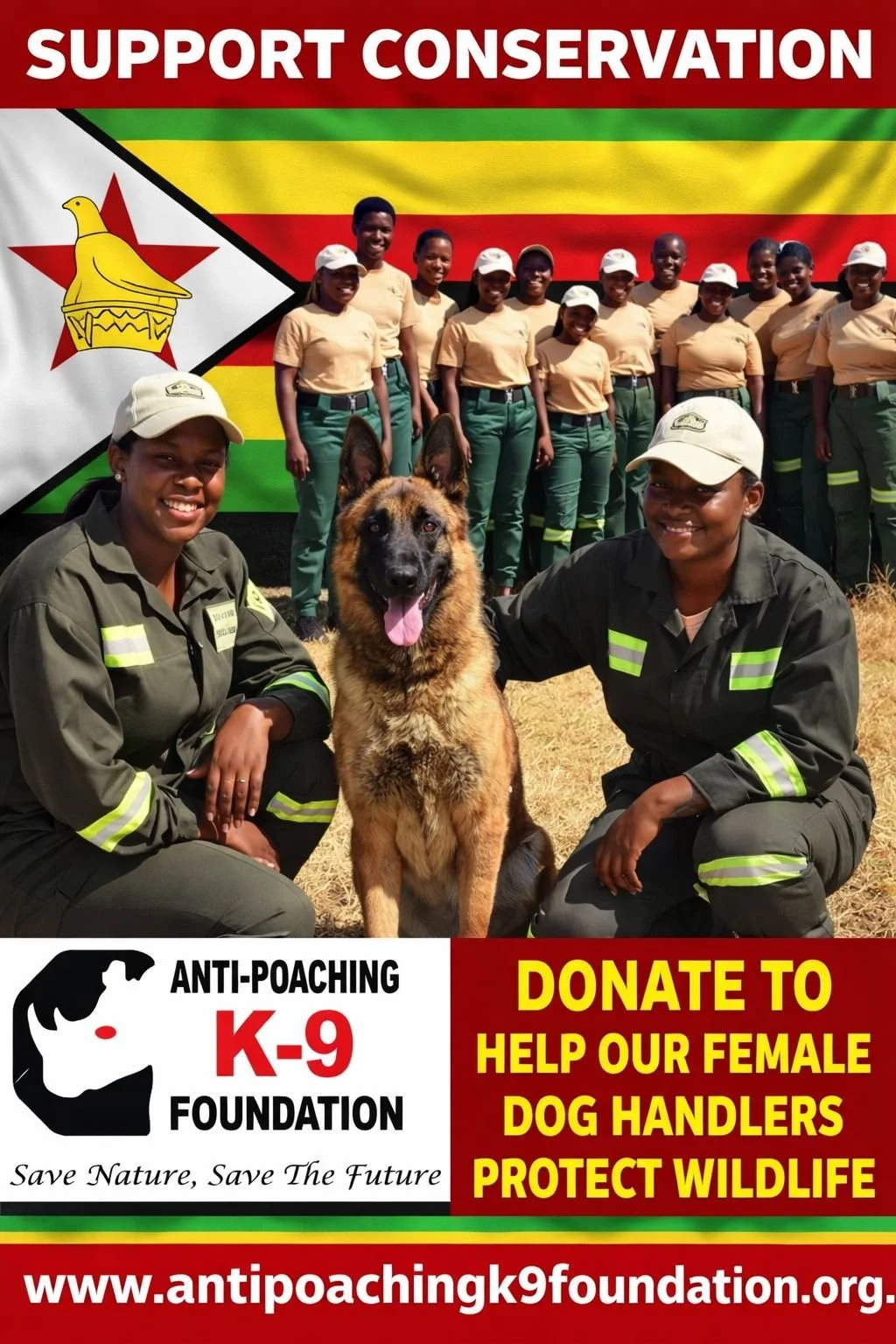 A group of women in uniform with a German Shepherd dog, standing in front of a Zimbabwean flag with a banner that promotes support for conservation, anti-poaching efforts, and donations to help female dog handlers protect wildlife.