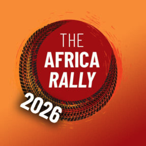 Logo for The Africa Rally 2026 with a red circle and tire tread design on an orange background.