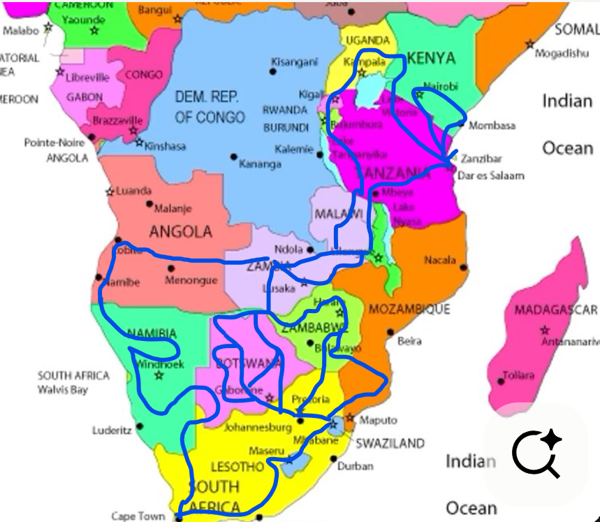 Map of Africa with country boundaries highlighted in different colors and blue lines drawn across many countries.