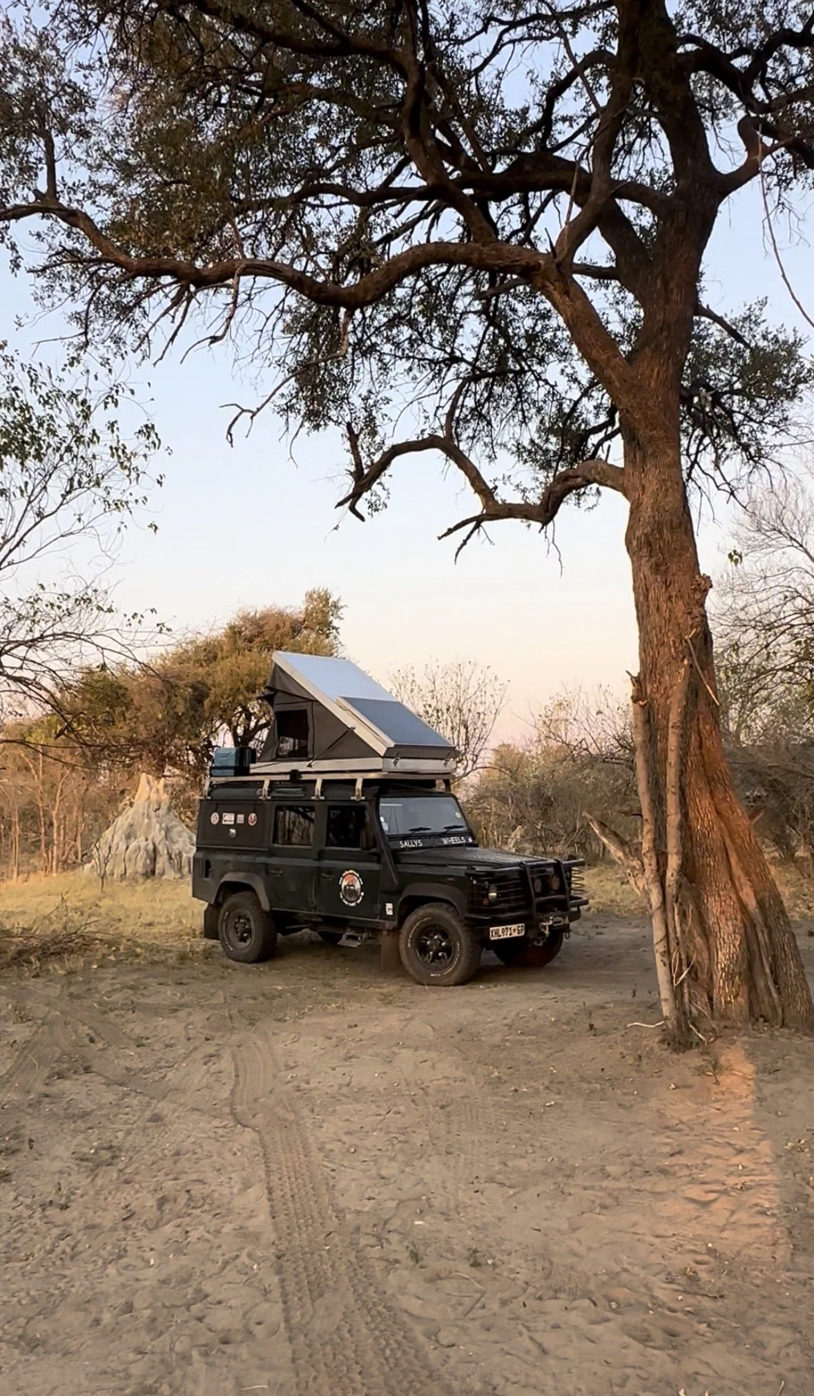 A black off-road vehicle with a rooftop tent set up, parked on a dirt area amidst dry grass and trees with sparse foliage, under a clear sky at sunset or sunrise.