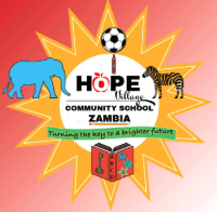 A colorful emblem for Zambia Hope Village Community School featuring a blue elephant, a soccer ball, a zebra, a book, and a beacon of light with a yellow starburst background and the slogan 'Turning the key to a brighter future.'