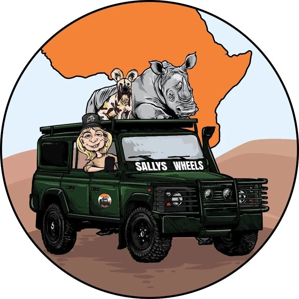 Illustration of a woman driving a green off-road vehicle labeled 'Sally's Wheels,' with a woman and a rhinoceros on the roof, set against a background of a map of Africa.