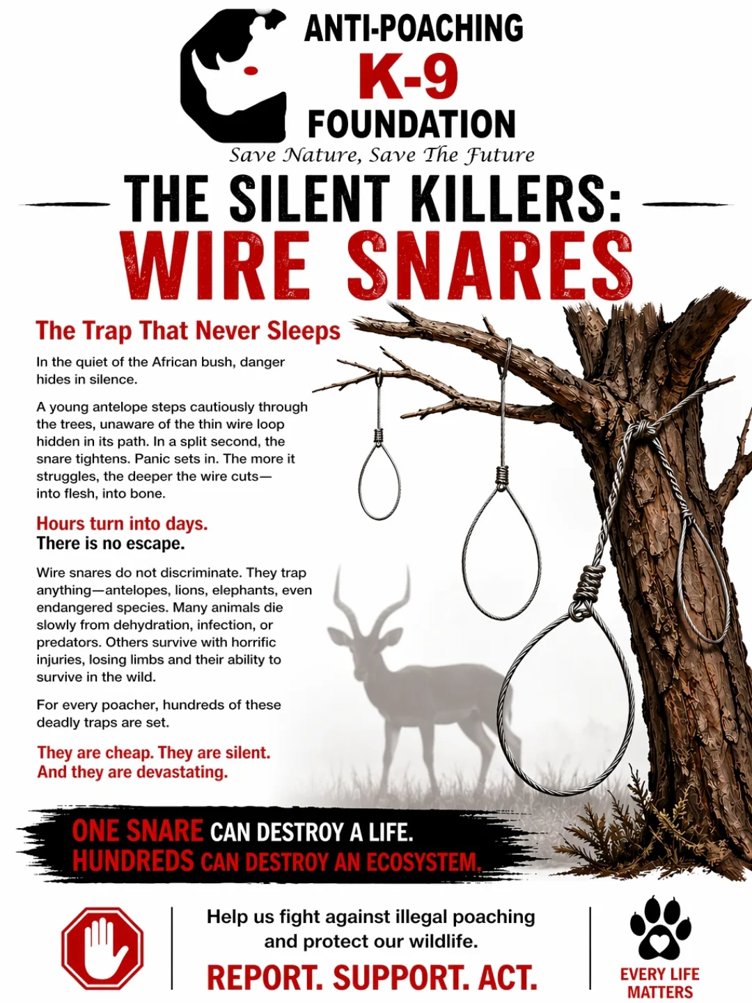 Poster for anti-poaching K-9 foundation warning about wire snare traps used to hunt wildlife, featuring imagery of nooses hanging from a tree and a shadow of an antelope, with text highlighting the dangers to animals and the importance of reporting illegal poaching.