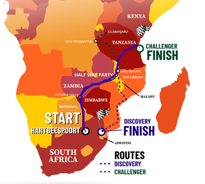 Map of Africa showing a race route from Hartbeespoort, South Africa, to Kenya with stops at Zimbabwe, Zambia, Malawi, and Tanzania. The route has the Discovery finish line in South Africa and the Challenger finish line in Kenya.