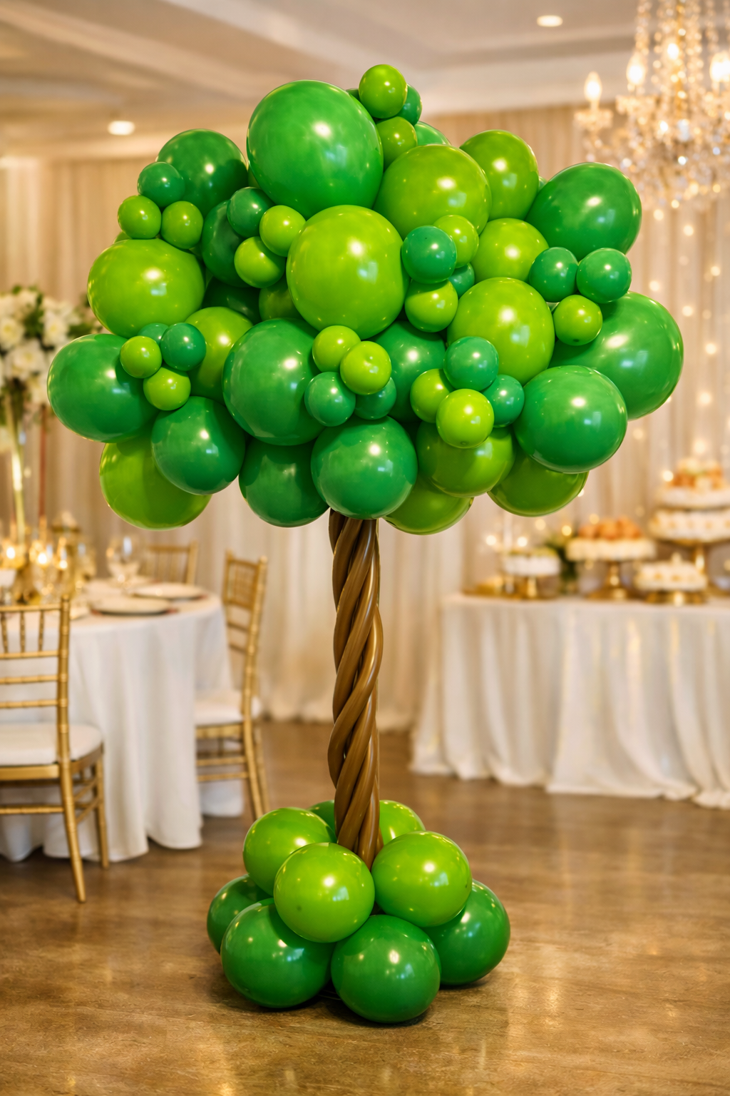Decorative balloon centerpiece resembling a green tree with a twisted brown balloon trunk, set in an event hall with elegant tables and chandeliers.