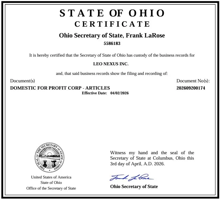 Certificate of document registration from the State of Ohio for Leo Nexus Inc., certified by the Ohio Secretary of State, Frank LaRose, dated April 3, 2026.