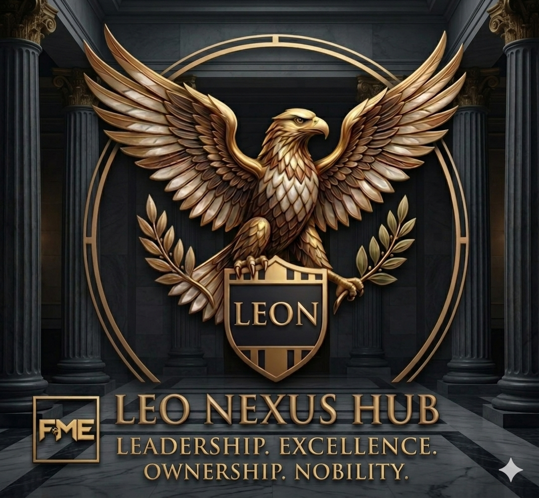 A golden eagle with its wings spread, perched on a shield with the word LEON. The background features classical pillars and ornate architectural details, creating a grand, regal setting. Text below reads 'LEO NEXUS HUB' with the words 'Leadership, Excellence, Ownership, Nobility'.