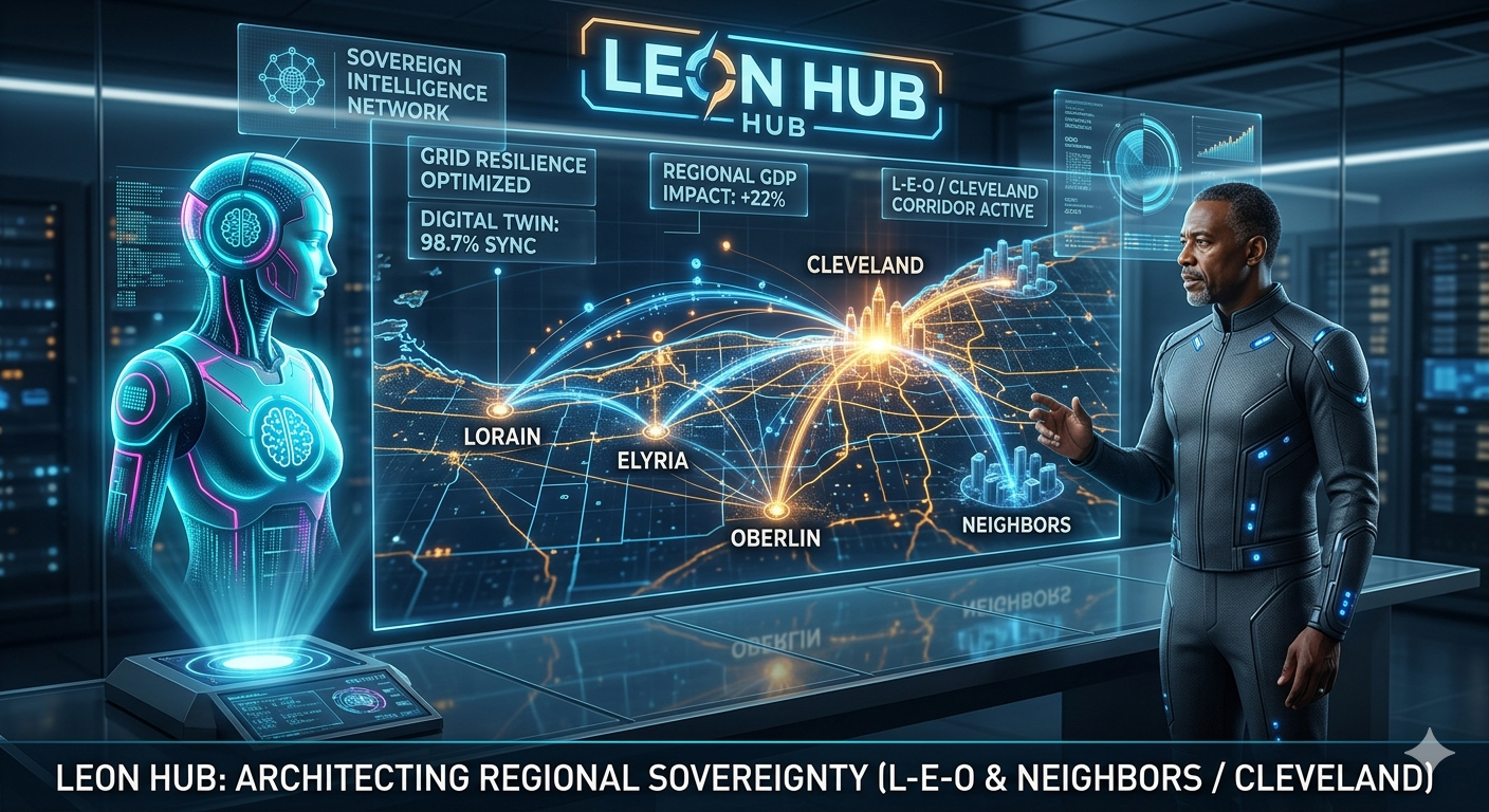 A man in a futuristic suit interacts with a holographic digital map displaying regions and data points about Cleveland and surrounding areas, with an AI figure on the left and labeled regions like Lorain, Elyria, Oberlin, and neighbors, under a heading 'LEON HUB' in a high-tech control room.