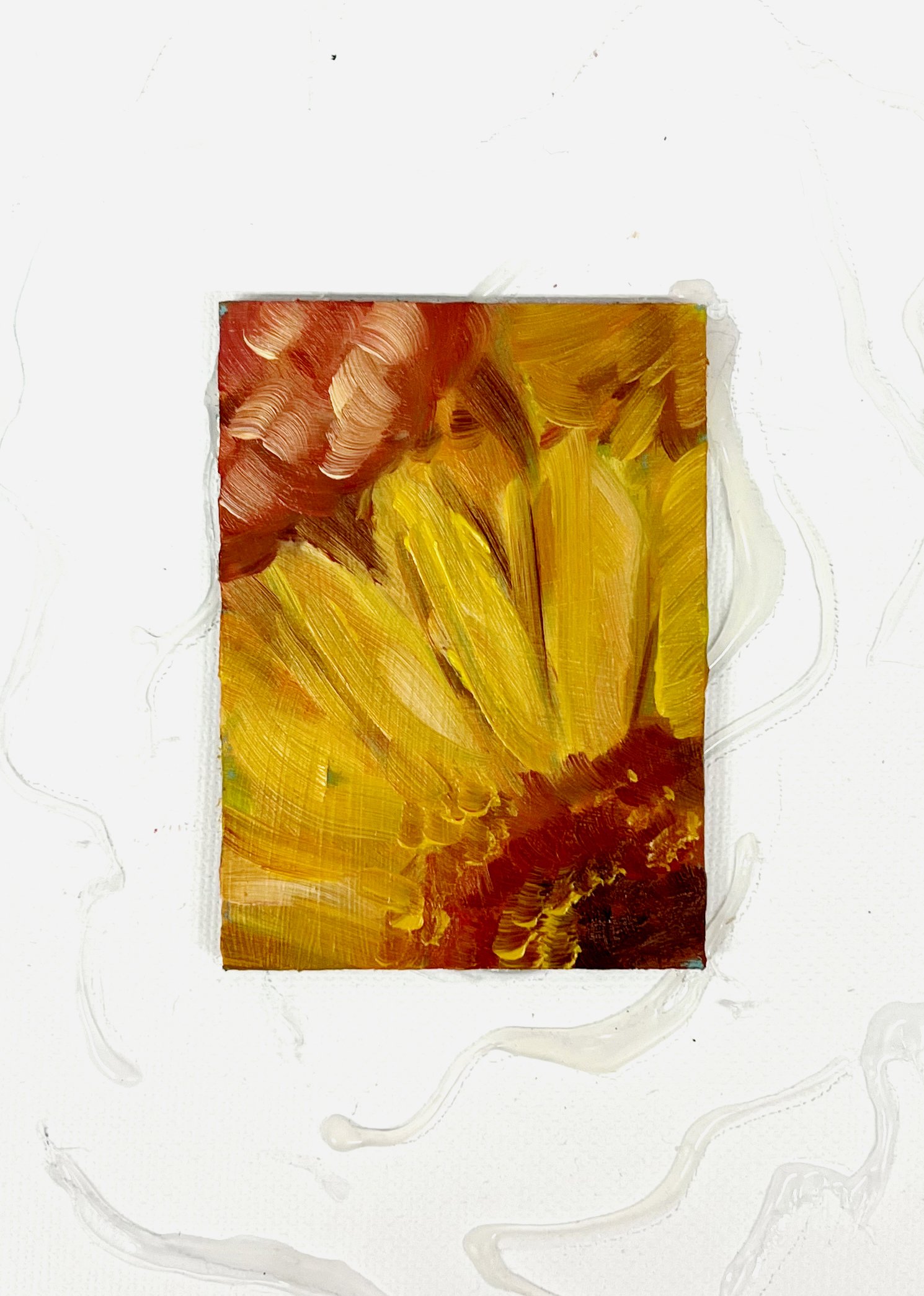 Abstract painting with bold brushstrokes in yellow, orange, and red colors.