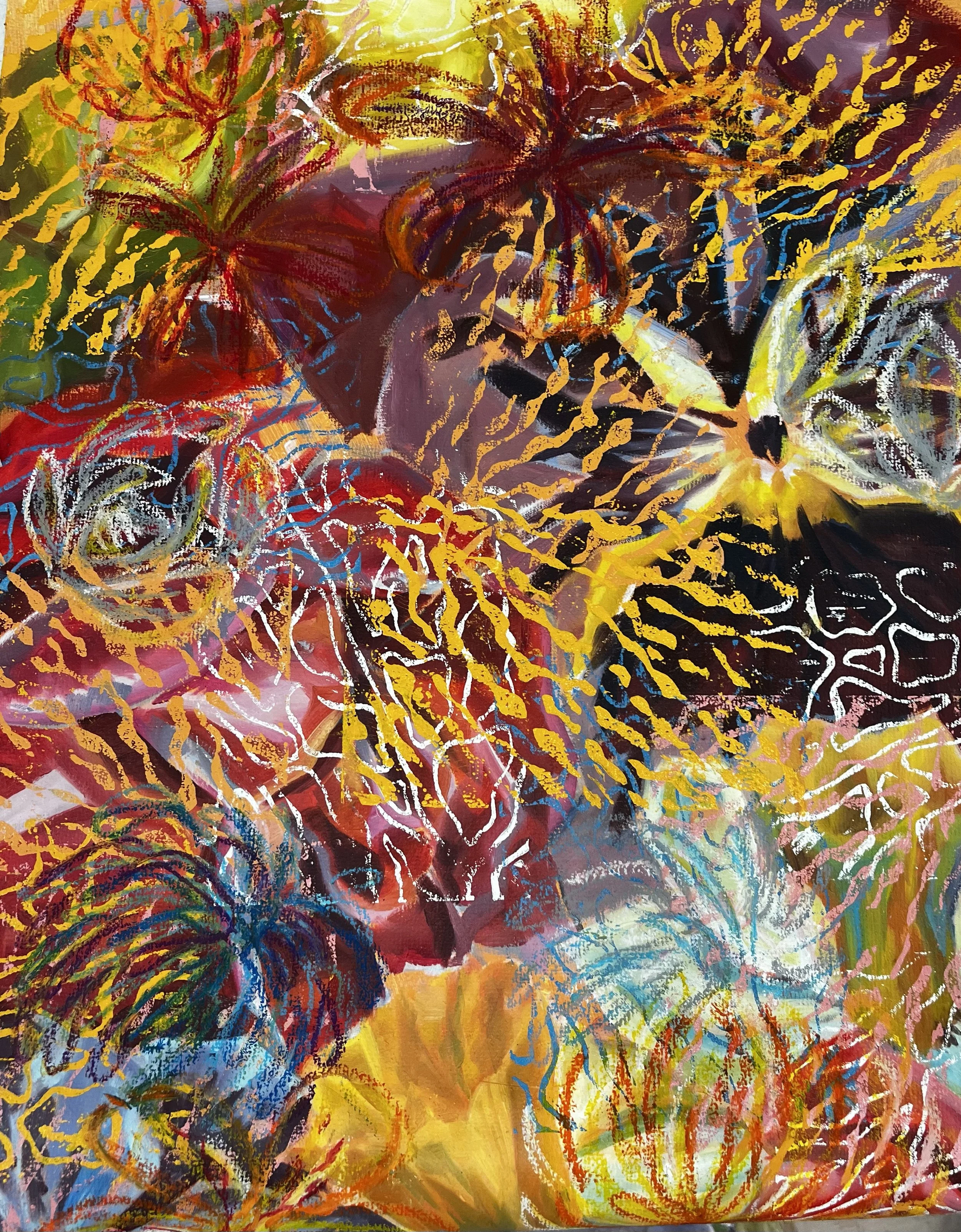 Madness at Tea Time 2, mixed media on canvas, 47 x 122cm, 2024
