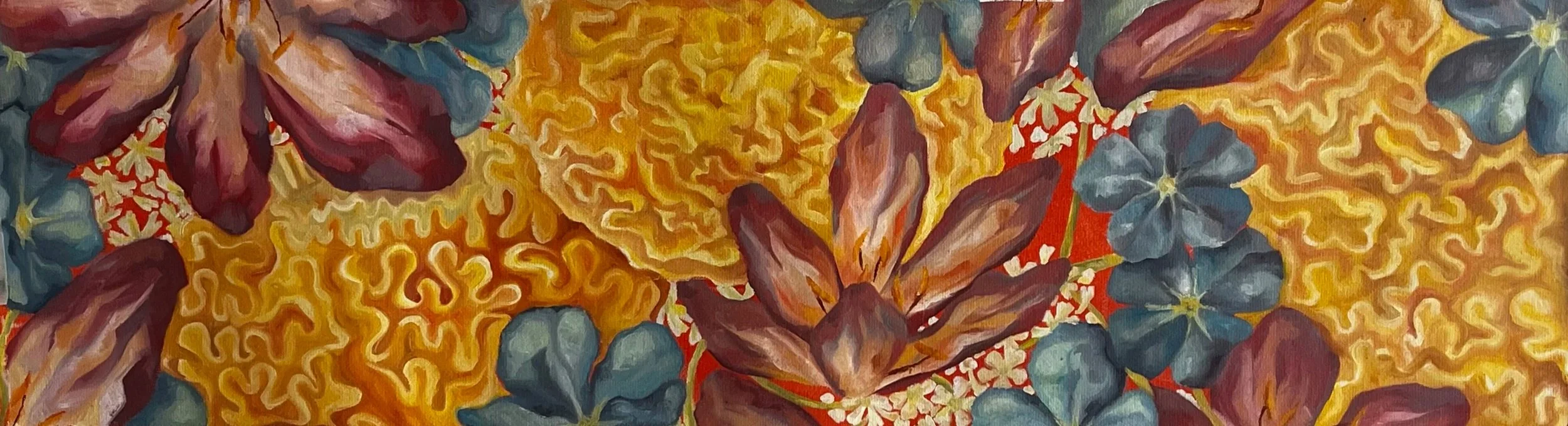 A colorful abstract painting featuring blue, brown, and yellow floral patterns with red accents.