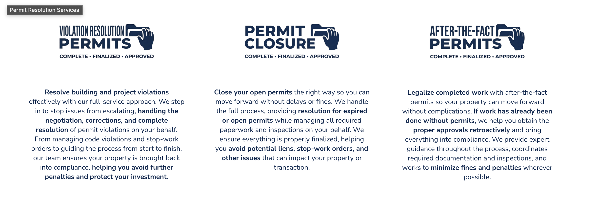 Comparison of three permit services: violation resolution permits, permit closure, and after-the-fact permits, with descriptions of each service.