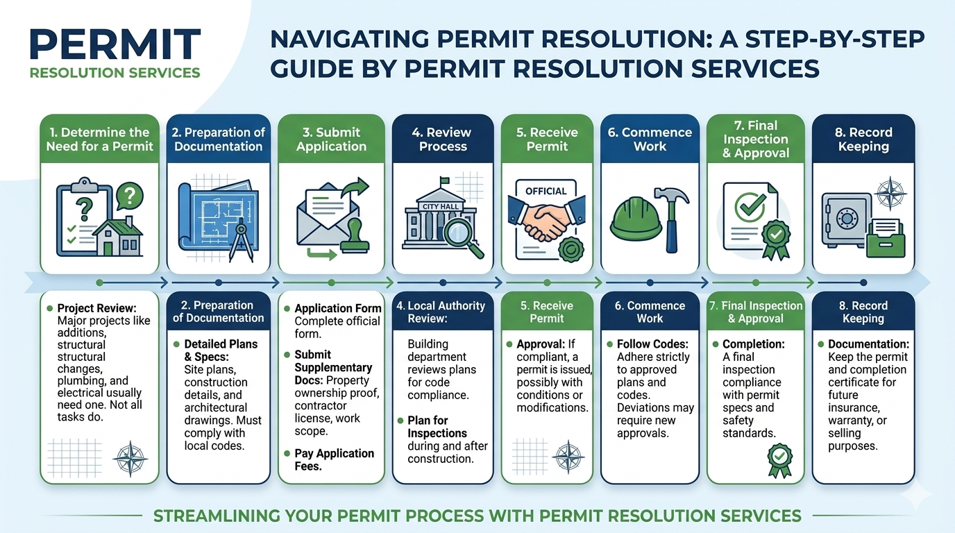 Flowchart outlining steps for navigating permit resolution, from determining permit need, preparing documentation, submitting application, review process, receiving permit, starting work, final inspection, and record keeping, with detailed descriptions for each step.