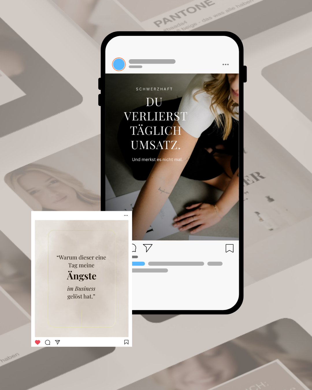 Ein Smartphone zeigt einen Instagram-Post mit einer Frau, die auf dem Boden liegt, und einem Zitat, das besagt: "Du verlierst täglich Umsatz. Und merkst es nicht mal." Ein weiteres Bild ist ein Zitat, das sagt: "Warum dieser eine Tag meine Ängste im Business gelöst hat."