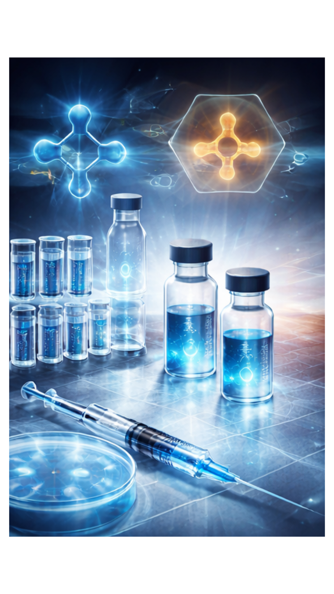 Digital illustration of laboratory vials, test tubes, and a syringe on a reflective surface, with glowing molecular structures and scientific icons in the background.