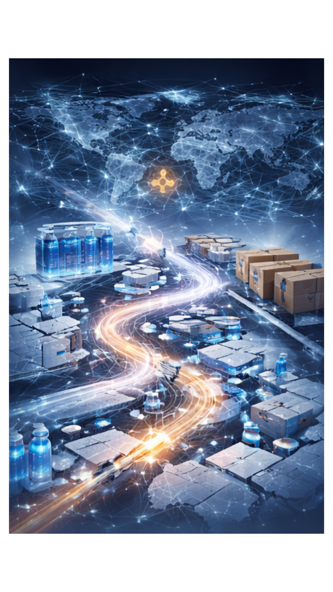 Digital illustration of a world map with interconnected network lines, a glowing pathway, and containers, representing global logistics and technology.
