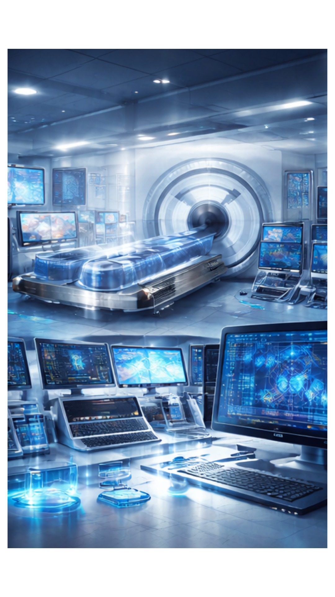A futuristic medical imaging room with advanced scanner surrounded by multiple computer monitors and workstations displaying digital data and graphics.